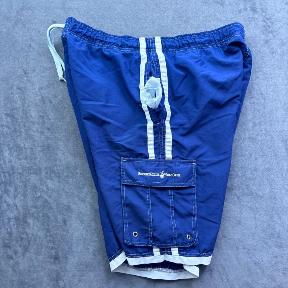 Beverly Hills Polo Club Mens XXL Blue Swim Trunks Cargo Shorts Racing Stripe